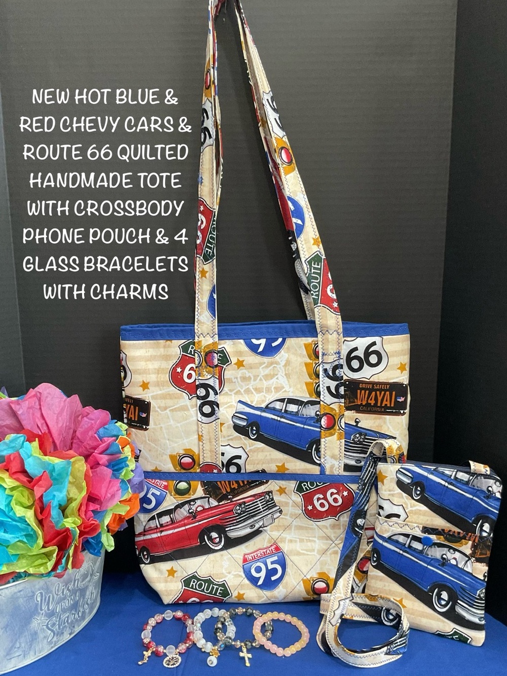 Handmade Route 66 Quilted Shoulder Bag & Phone Pouch W/4pc Glass Bracelets Set